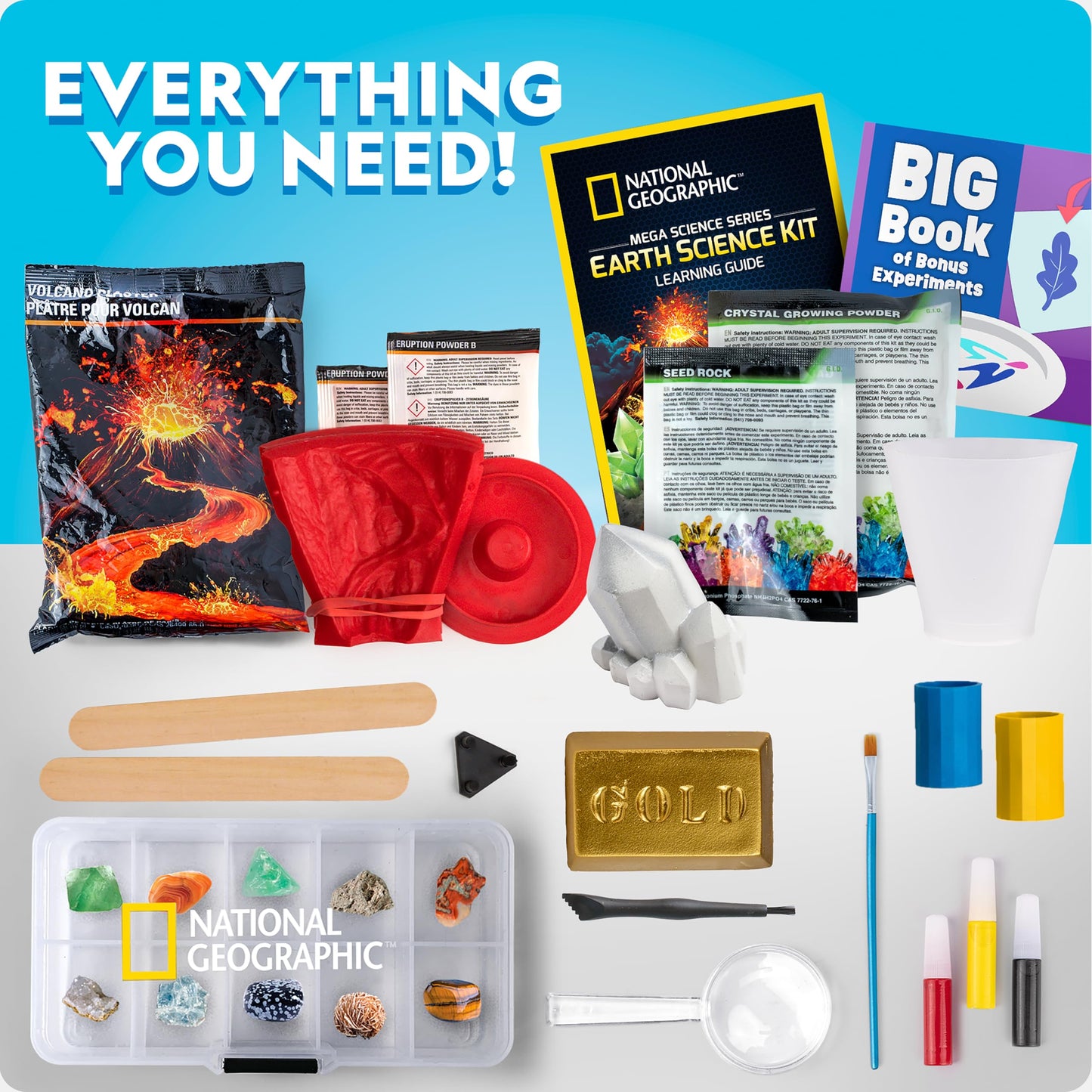 NATIONAL GEOGRAPHIC Earth Science Kit – 100+ Experiments for Kids, Crystal Growing, Volcano Kit, Rock Collection, Fun STEM Toy for Boys & Girls