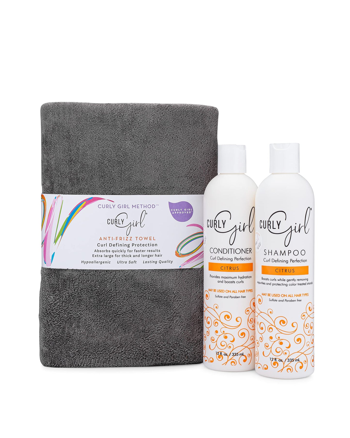 Curly Girl Shampoo, Conditioner & Anti Frizz Microfiber Towel Set (Powder Grey)