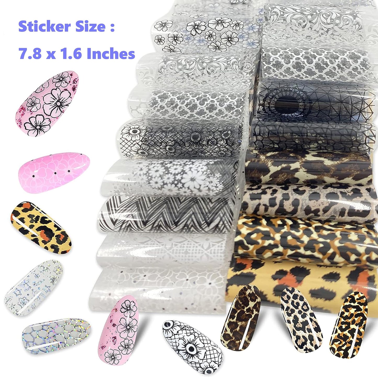 Bagvhandbagro 100 Sheets Nail Foil Transfer Sticker Kit, Art Decals Tips Starry Sky Laser Flower Leopard Print DIY Decorations Supplies Design