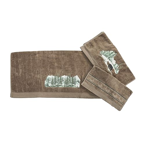 Paseo Road Joshua 3 Piece Rustic Bathroom Towel Set, Mocha, Forest Pine Tree Bear Antler Cabin Theme Towels, Lodge Bath Towel, Hand Towel and Finger…
