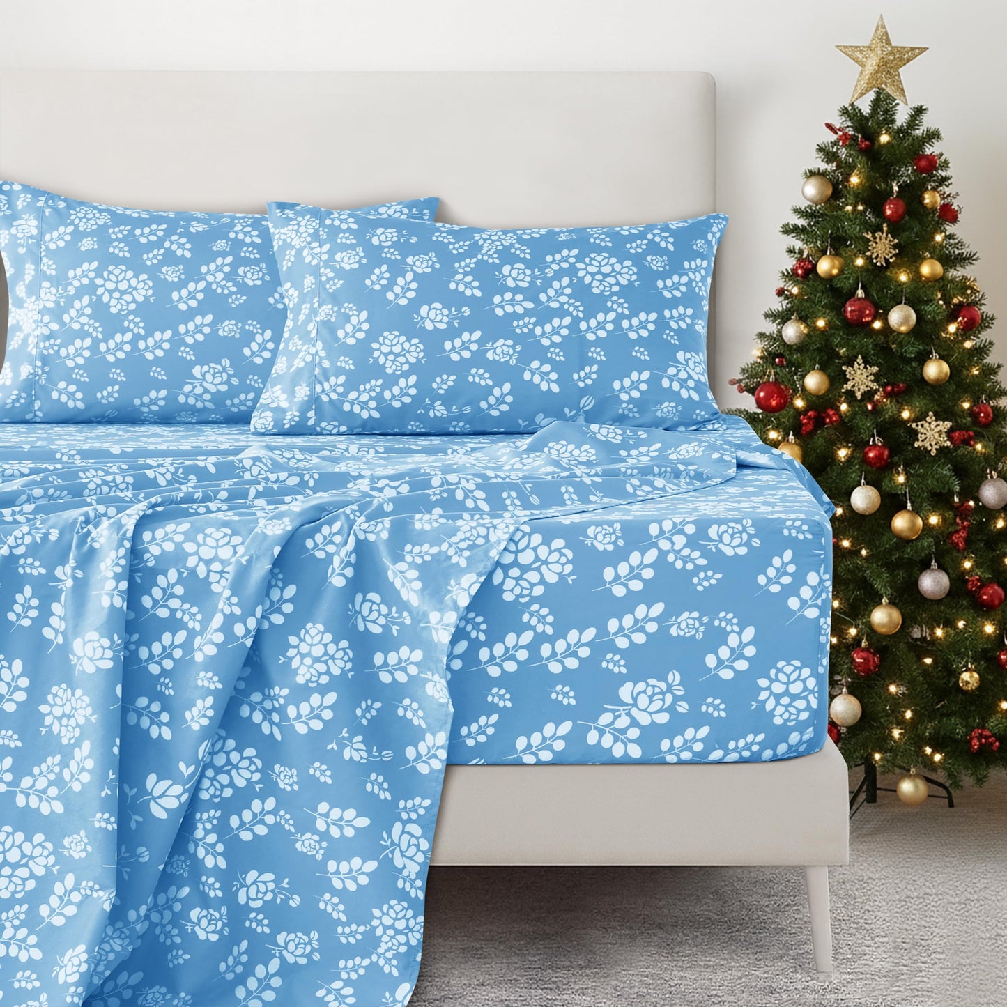 LDC Lux Decor Collection Bed Sheets Set, Full, Floral Blue, 4Pc, 1800 Count Microfiber, Deep Pocket, Wrinkle Resistant, Breathable