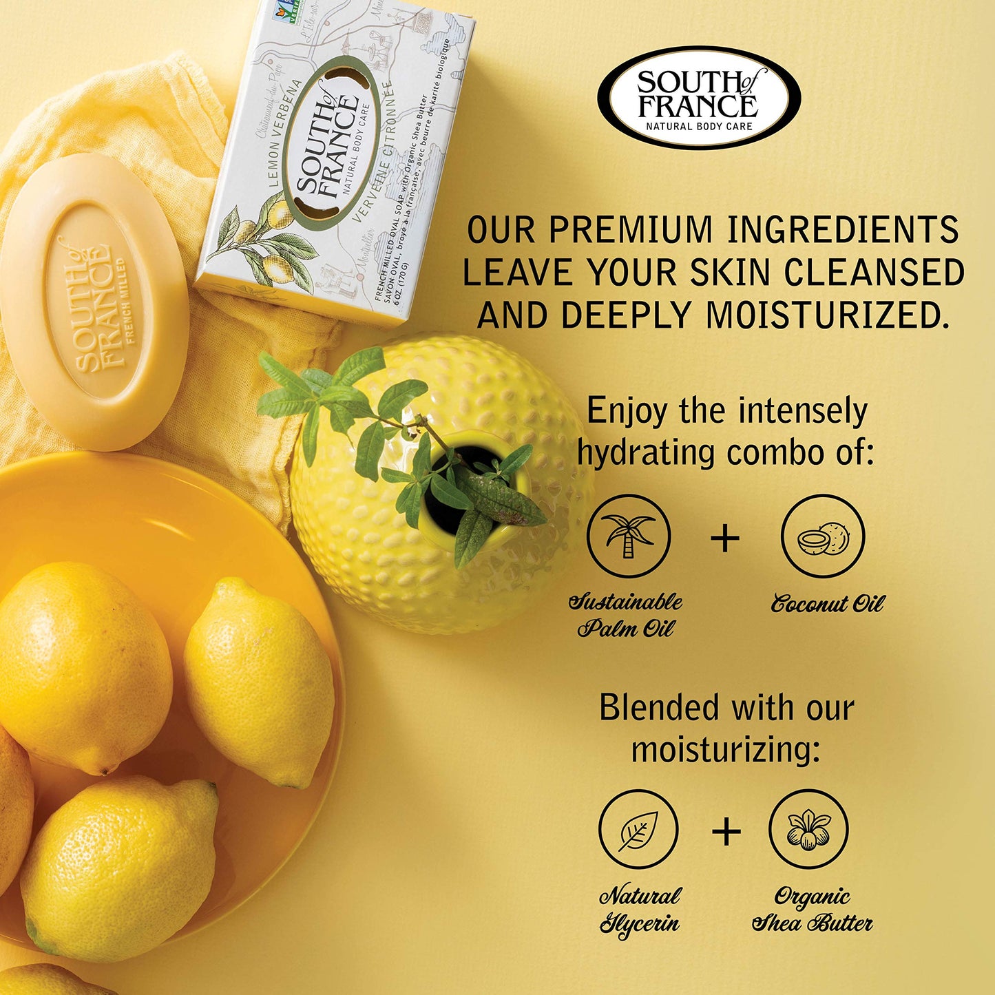 Lemon Verbena Clean Bar Soap by South of France Clean Body Care Triple-Milled French Soap with Organic Shea Butter + Essential Oils Vegan, Non-GMO