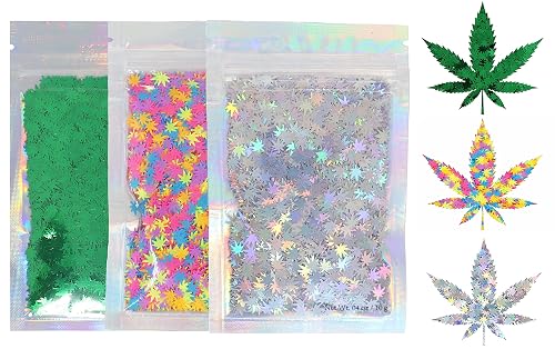 3 Pack - Green, Rainbow & Silver Holographic Leaf Glitter - Solvent Resistant & Cosmetic Grade - Face Body Nails Resin Arts & Crafts, Tumblers, Bath