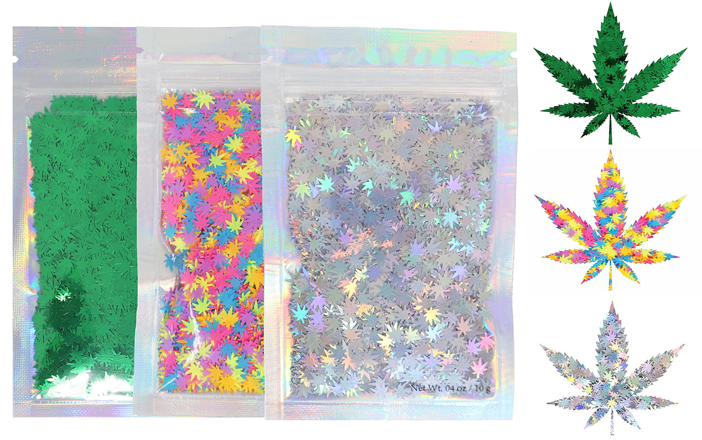 3 Pack - Green, Rainbow & Silver Holographic Leaf Glitter - Solvent Resistant & Cosmetic Grade - Face Body Nails Resin Arts & Crafts, Tumblers, Bath