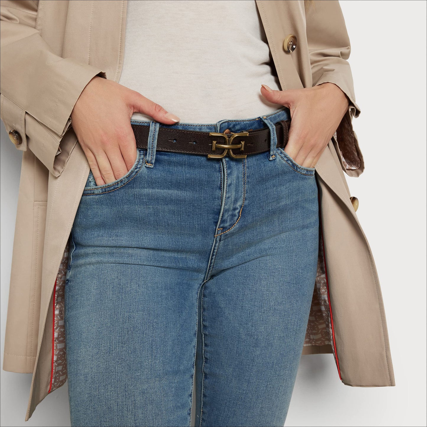 Sam Edelman Women's Slim Stitched Edge Double-E Plaque Buckle Belt, Brown, Large