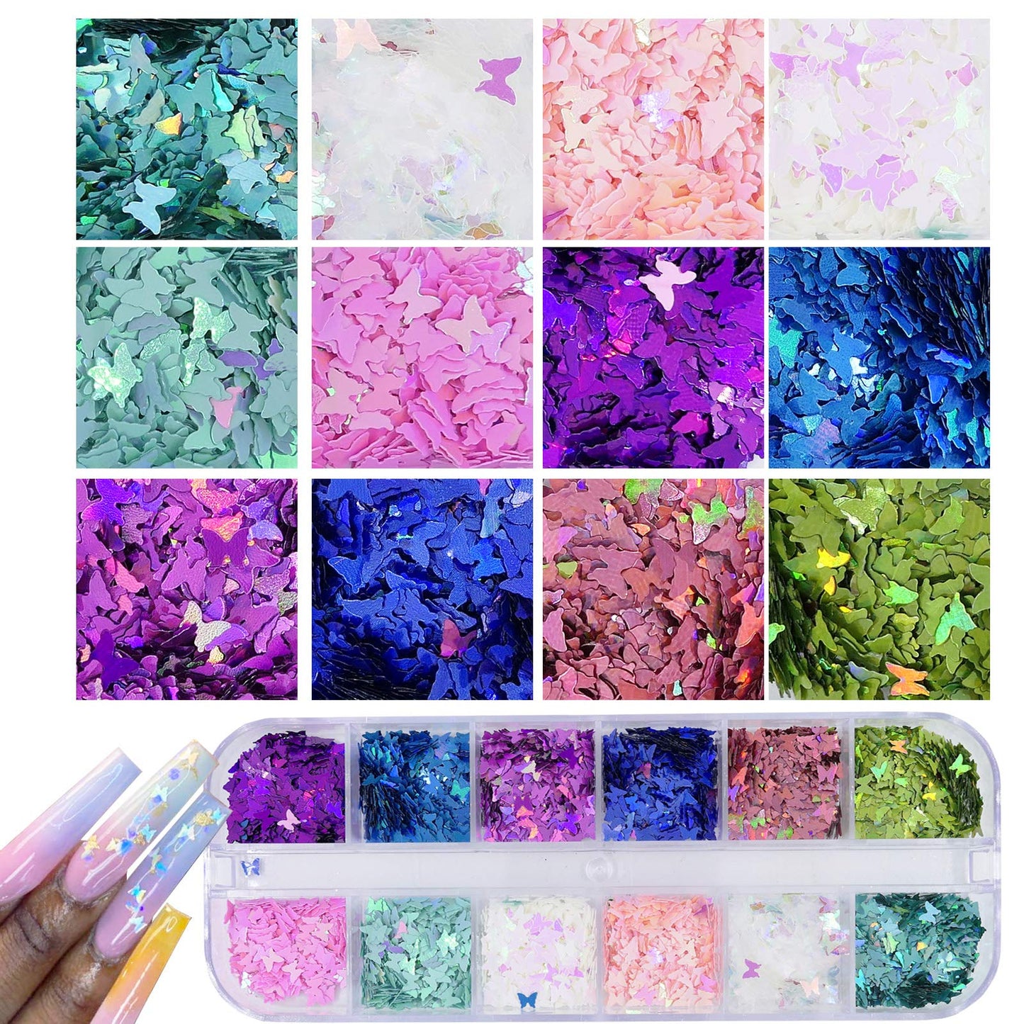 AddFavor 4 Boxes Holographic Nail Sequins Shapes Mixed Iridescent Nail Glitter Flakes Butterfly Hearts Star DIY Design Manicure Decorations Sets