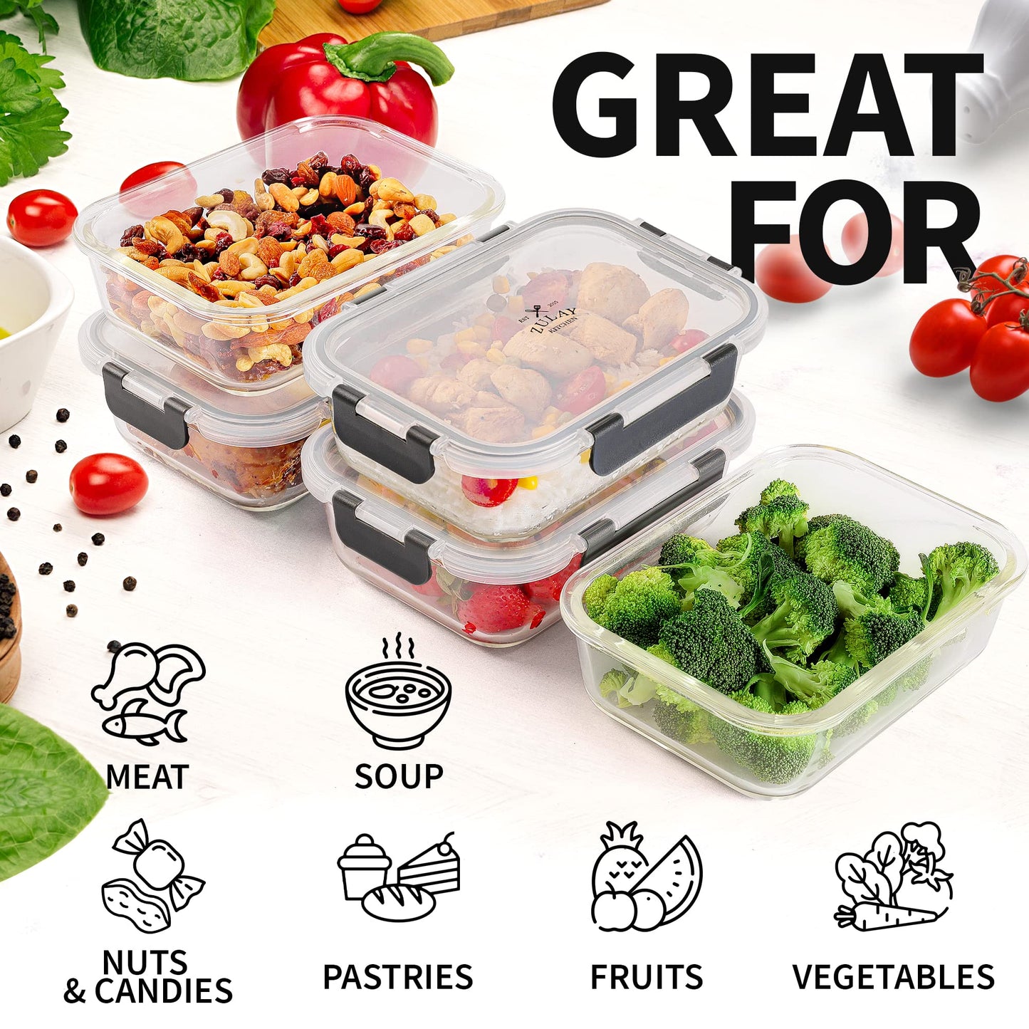 Zulay Kitchen 5 Pack Glass Meal Prep Containers with Lids - Airtight, Premium Borosilicate Glass Food Storage Containers - Microwave, Freezer & Oven…