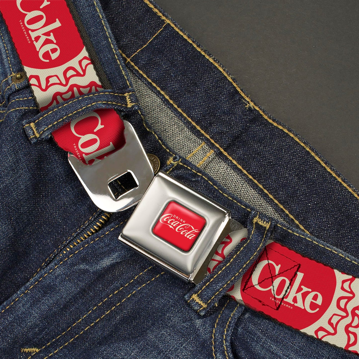The Coca-Cola Company Belt, Seatbelt Buckle Belt, Vintage Coke Bottle Caps White Red, Youth 20 to 36 Inches