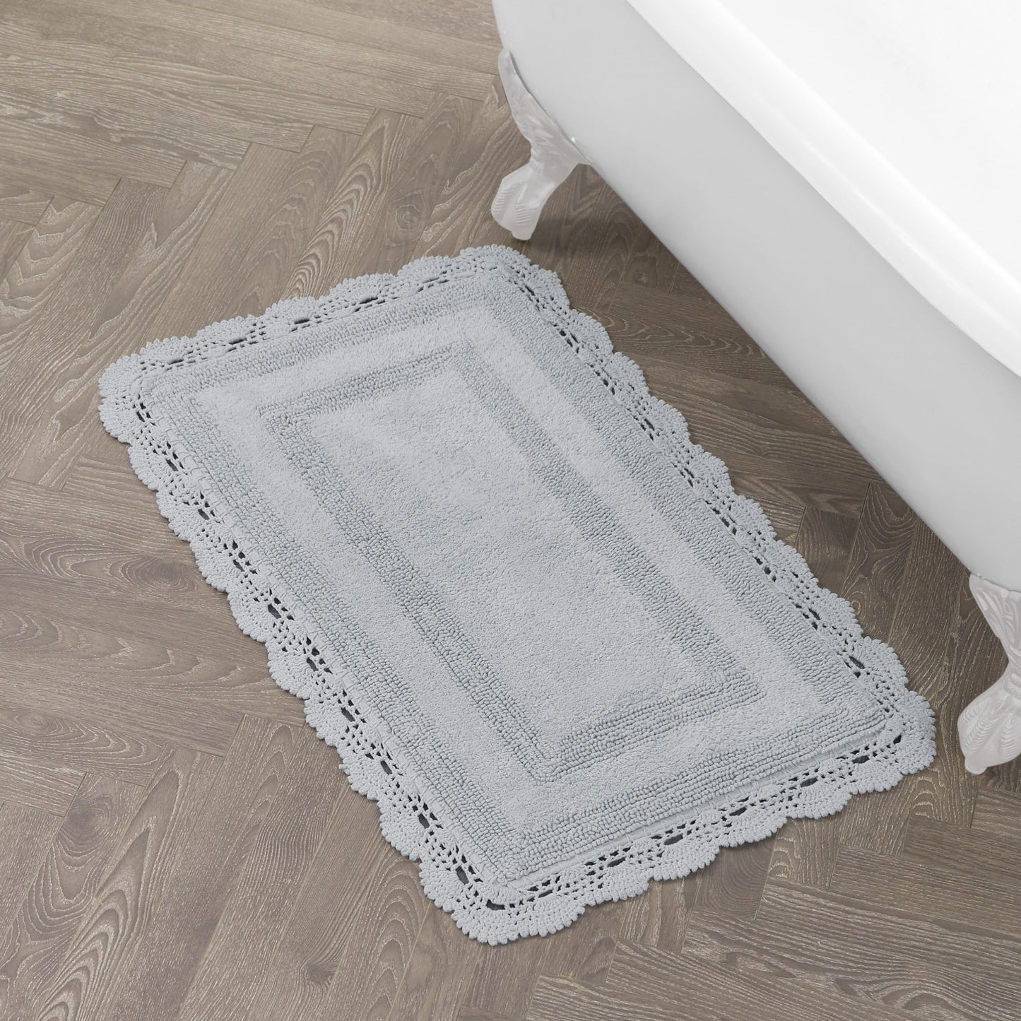 Laura Ashley Absorbent Bath Mat Reversible Crochet Soft and Plush Bathroom Mat 100% Cotton 24x40 Bath Rug, Light Grey