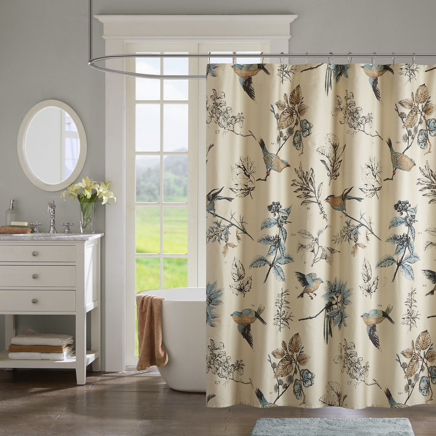 1 Piece Khaki Blue Birds Floral Pattern Shower Curtain 72"x72", Elegant Kids Animal Print Bathroom Drape Brown Nature Motif Lovely Flowers Bathtub…