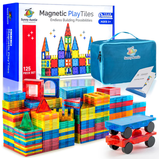 SUNNY AUNTIE Magnetic Tiles 125pcs XL Set + Bonus Zippered Case – Building Toy for Kids Ages 3-8, Educational STEM Gift for Boys & Girls