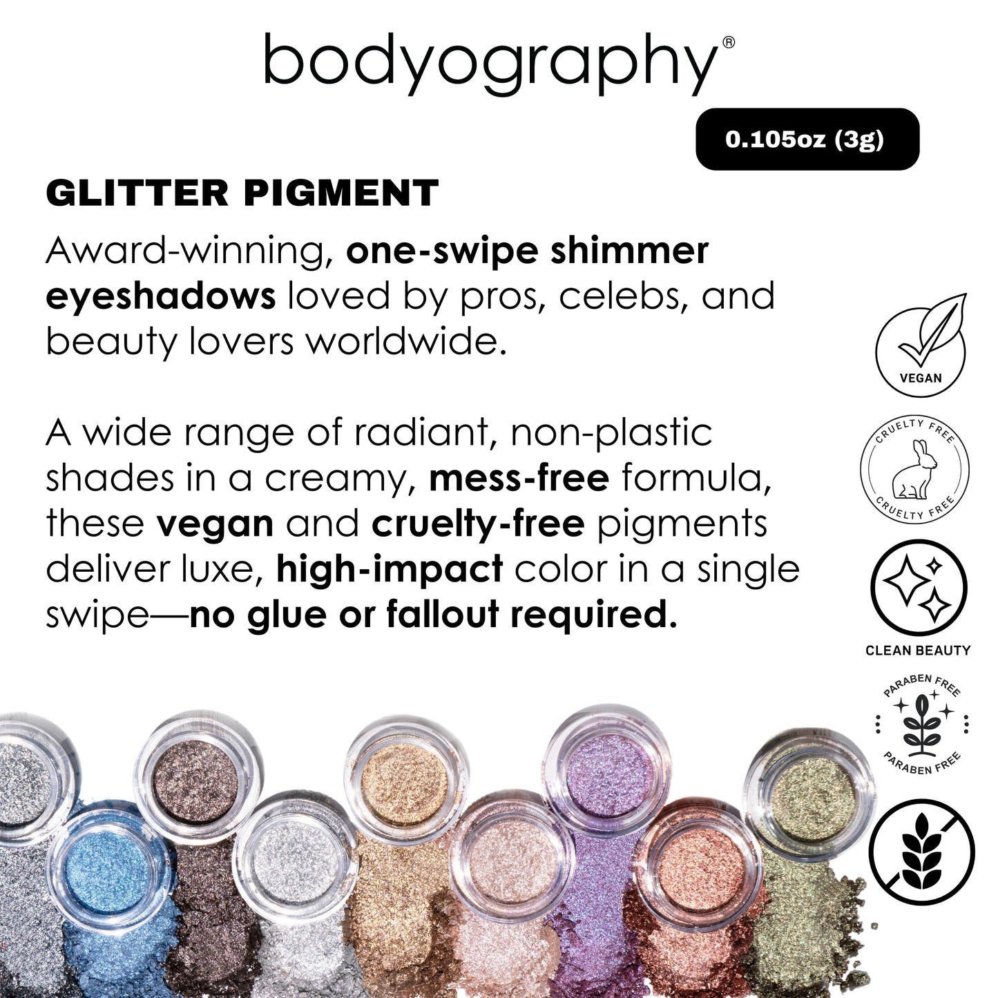 Bodyography Glitter Pigment Eye Shadow | Long Wear Shimmer Eyeshadow | Vegan, Talc & Paraben Free | Cream Powder Formula | Caviar (Smoky Brown) 1.5 g