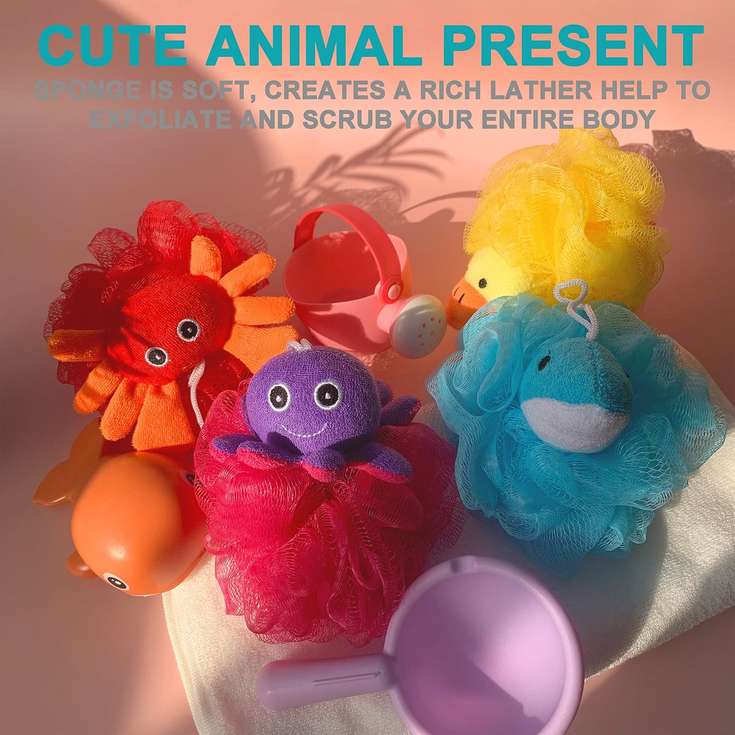Loofah Exfoliating Shower Stuffed Sponge Pouf Mesh Brush with Animal Design - Bath Spa Puff Scrubber Ball - Body Poof for Man and Woman - Rich Foams