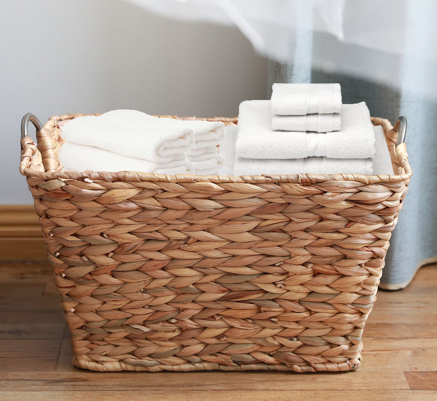 Vintiquewise Large Square Water Hyacinth Wicker Laundry Basket with Metal Handles
