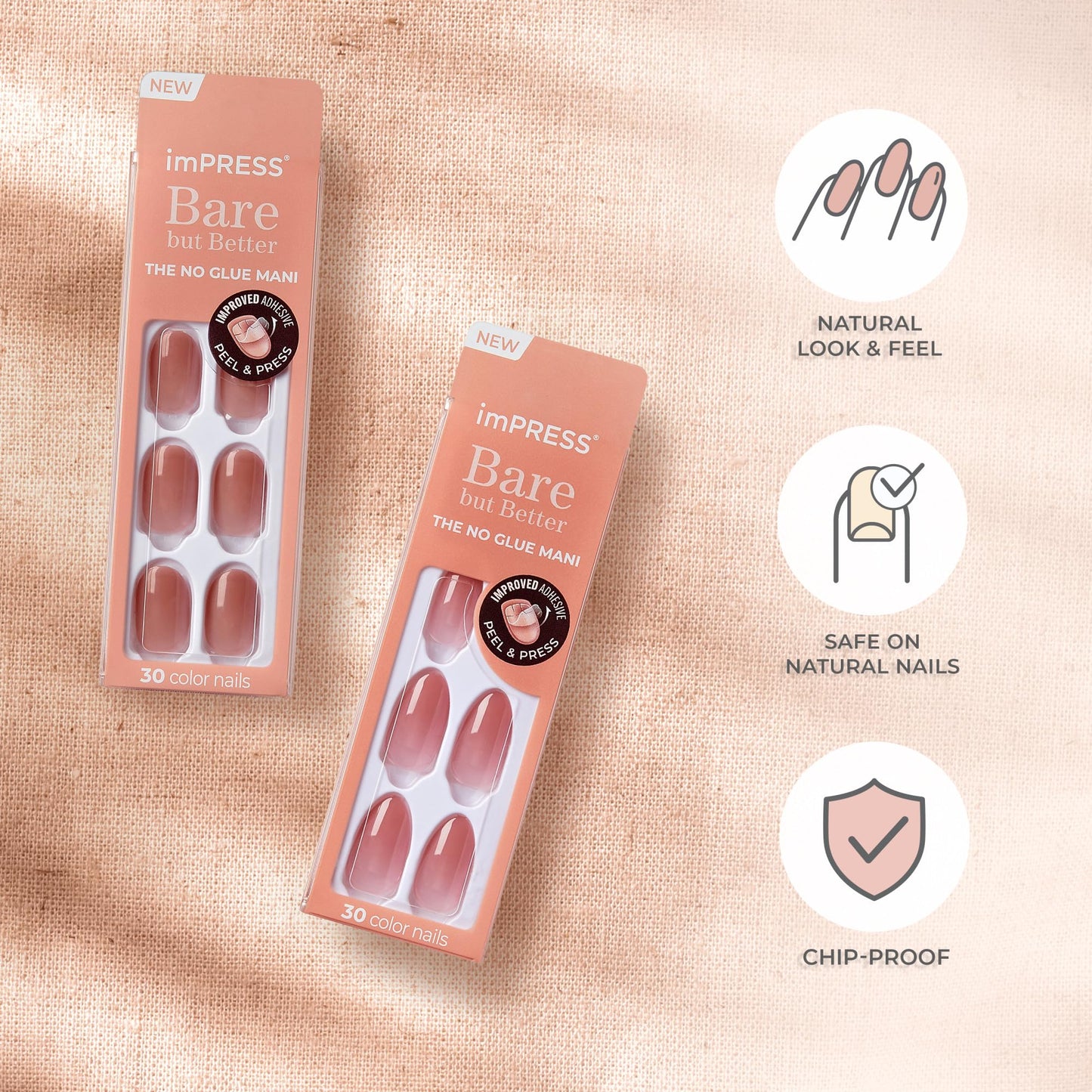KISS imPRESS No Glue Mani Press On Nails, , 'Effortless Finish', Nude, Short Size, Squoval Shape, Includes 30 Nails, Prep Pad, Instructions Sheet, 1 Beauty & Personal Care imPRESS