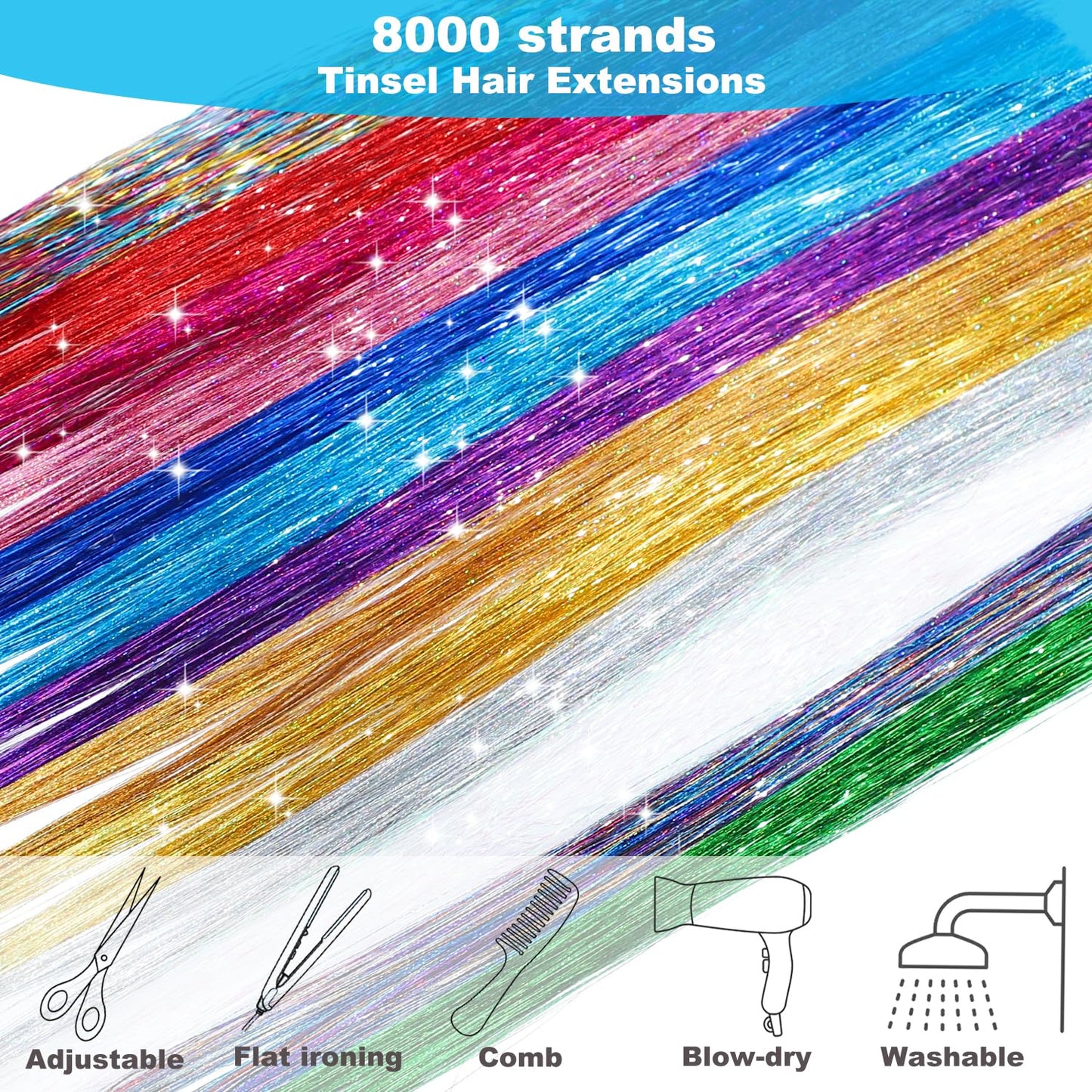 Hair Tinsel - 20 Colors Hair Tinsel Kit - 8000 Strands 48 Inch Glitter Tinsel Hair Extensions with Tools - Heat Resistant Sparkling Fairy Hair Beauty and Personal Care Bintvoy