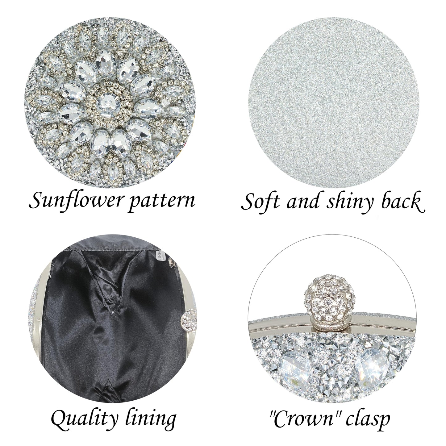 MAIRLOM Rhinestone Clutch Purses for Women Evening Wedding Formal - Round Pearl Clasp Handbag Crystal Gemstone Bag for Party Prom(Silver Clutch)