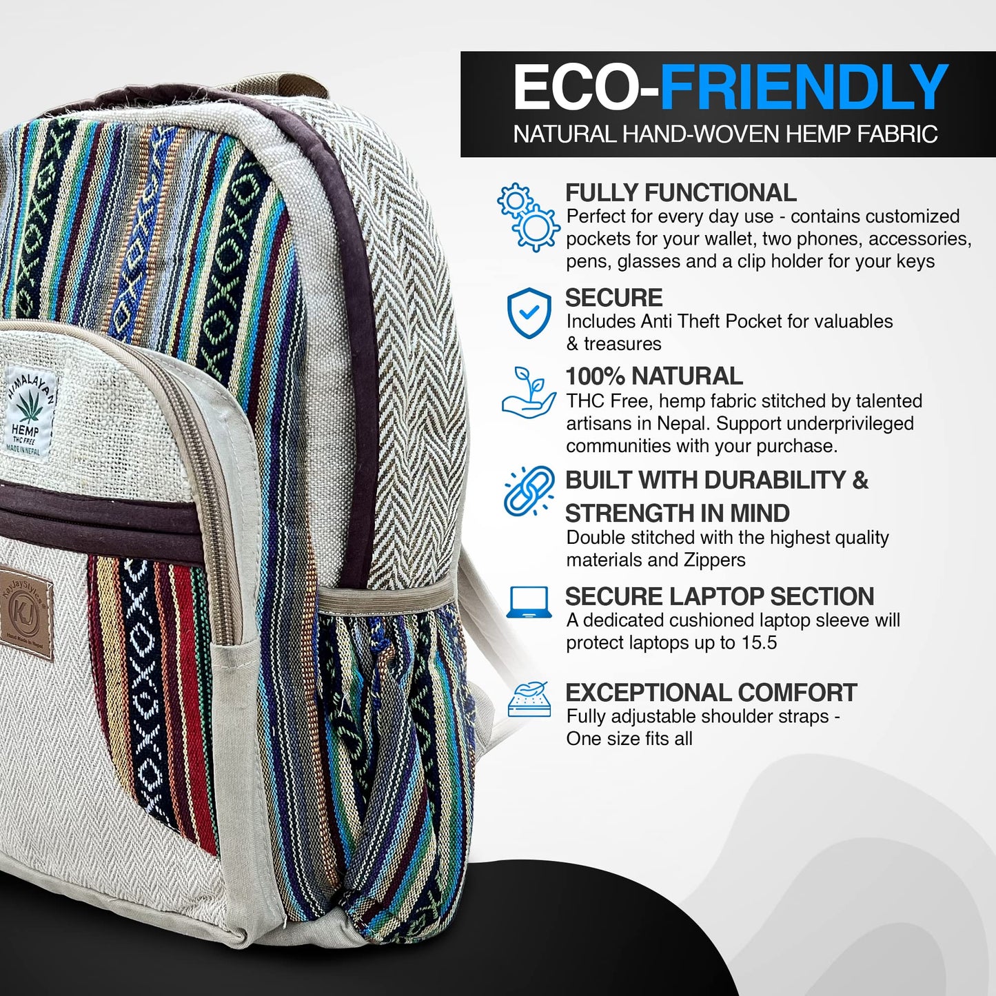 KayJayStyles Natural Handmade Large Multi Pocket Hemp Nepal Backpack