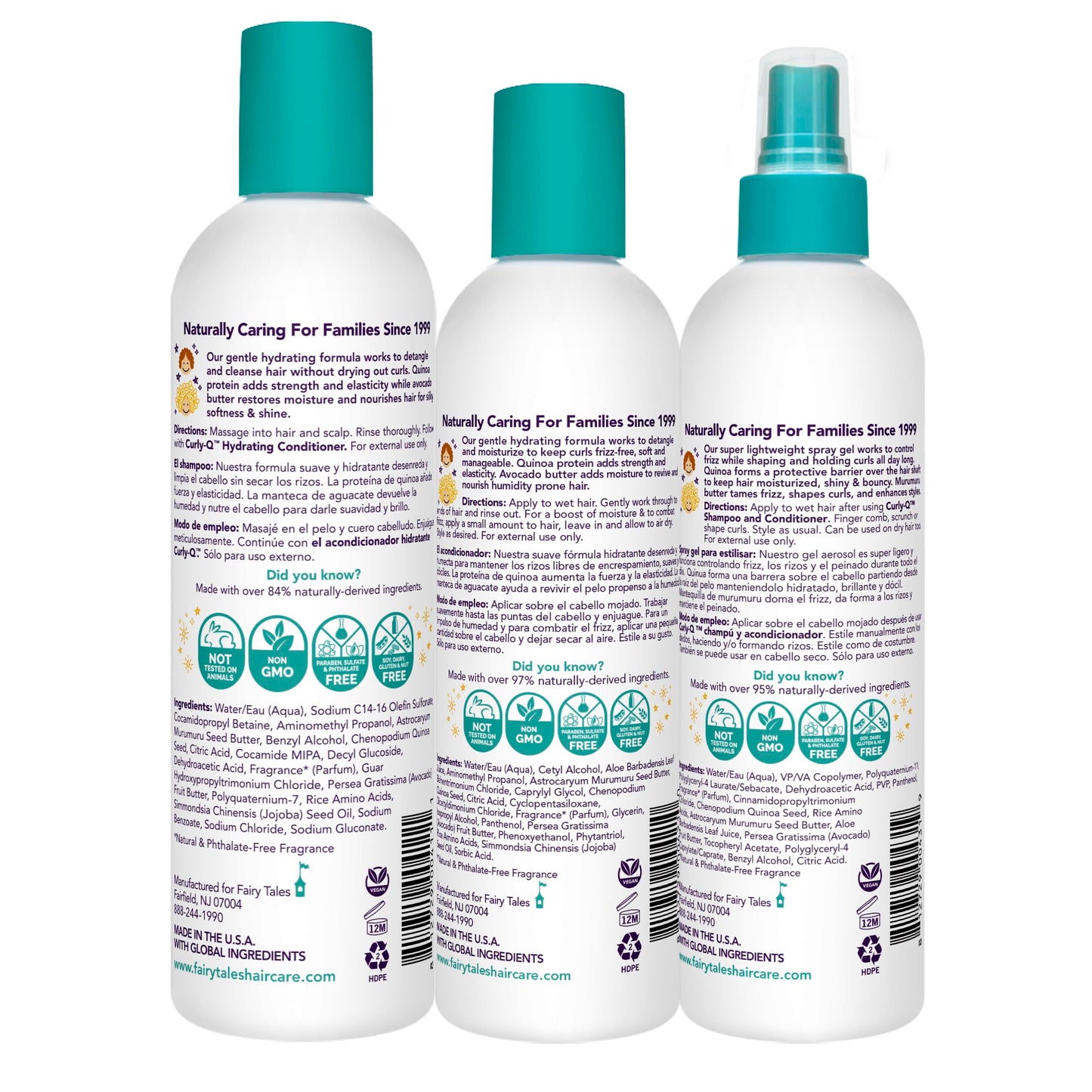 Fairy Tales Curly Q Hydrating Kids Shampoo 12oz, Conditioner 8oz, and Styling Spray Gel 8oz - Paraben, Sulfate, Gluten, and Nut Free - For All Curl