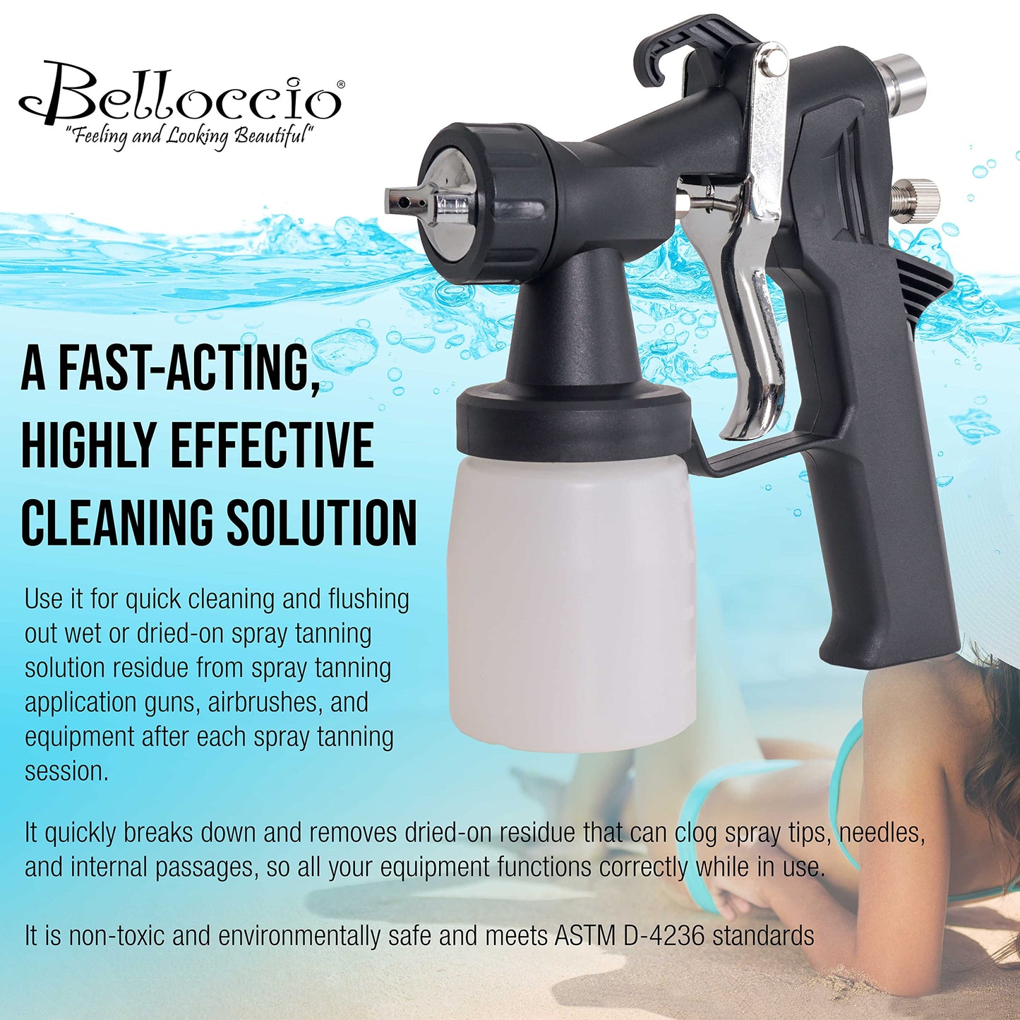 Belloccio Spray Tanning Equipment Cleaner, 16 Ounces - Fast Acting Cleaning Solution, Clean All Airbrush Spray Tanning Application Guns, Airbrushes
