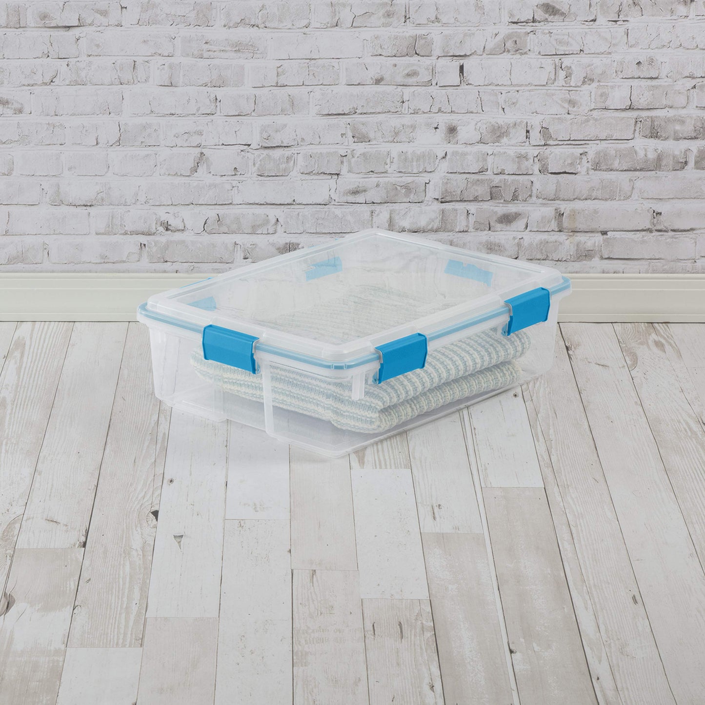 Sterilite 37 Qt Gasket Box, Stackable Storage Bin with Latching Lid and Tight Seal, Plastic Container to Organize Underbed, Clear Base and Lid, 4-Pack