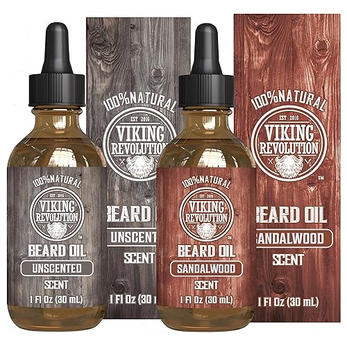 Viking Revolution Sandalwood and Unscented Beard Oil for Men - Natural Mens Beard Oil with Argan Oil and Jojoba Oil - Beard Softener, Strengthens
