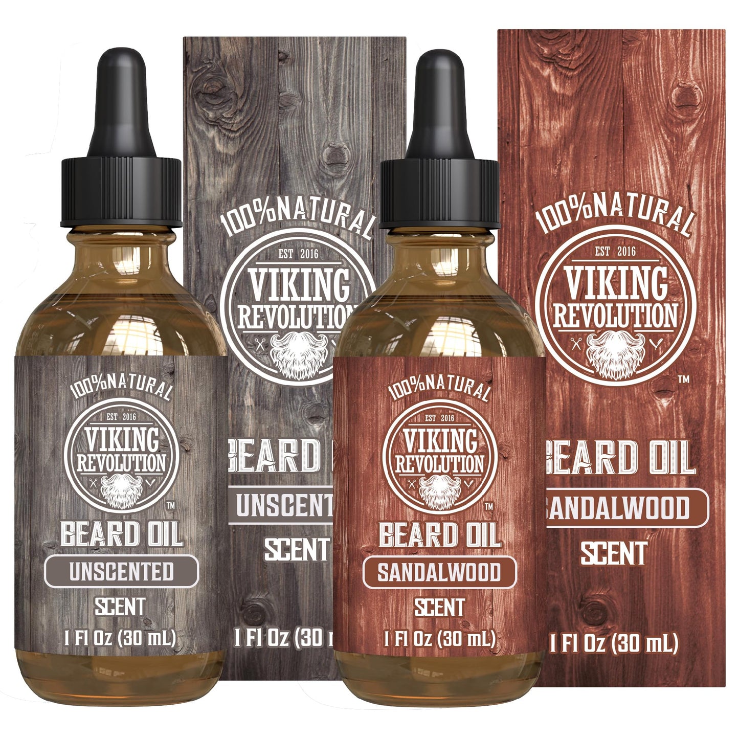 Viking Revolution Sandalwood and Unscented Beard Oil for Men - Natural Mens Beard Oil with Argan Oil and Jojoba Oil - Beard Softener, Strengthens