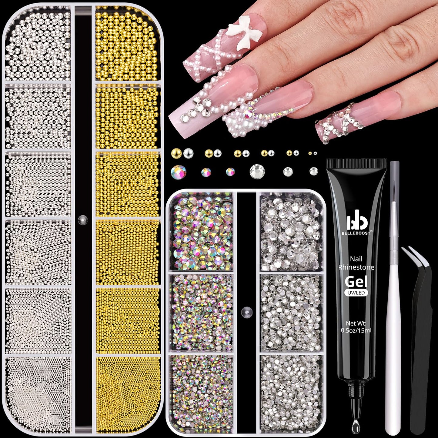 Flatback Rhinestones (Clear+AB) and Metal Steel Round Caviar Beads (Silver+Gold) with Rhinestones Glue Gel for Nail Art, Crystals Nail Charms Beauty and Personal Care BELLEBOOST Default Title