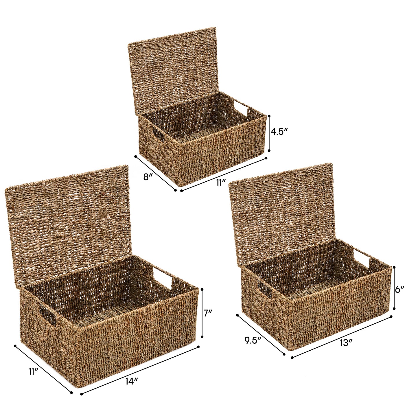 Trademark Innovations Set of 3 Rectangular Seagrass Baskets with Lids, Natural (Small)