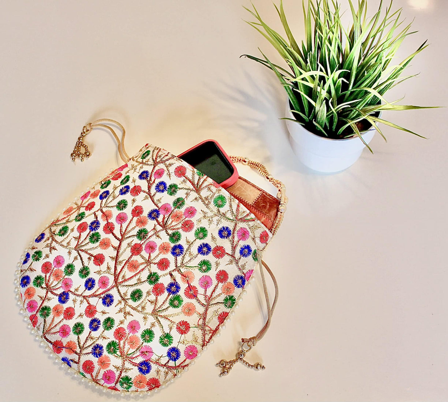 Embroidered Indian Ethnic Potli Bag for Women. Traditional, Handmade, Perfect for Weddings and Other Special Occasions (Multicolored)