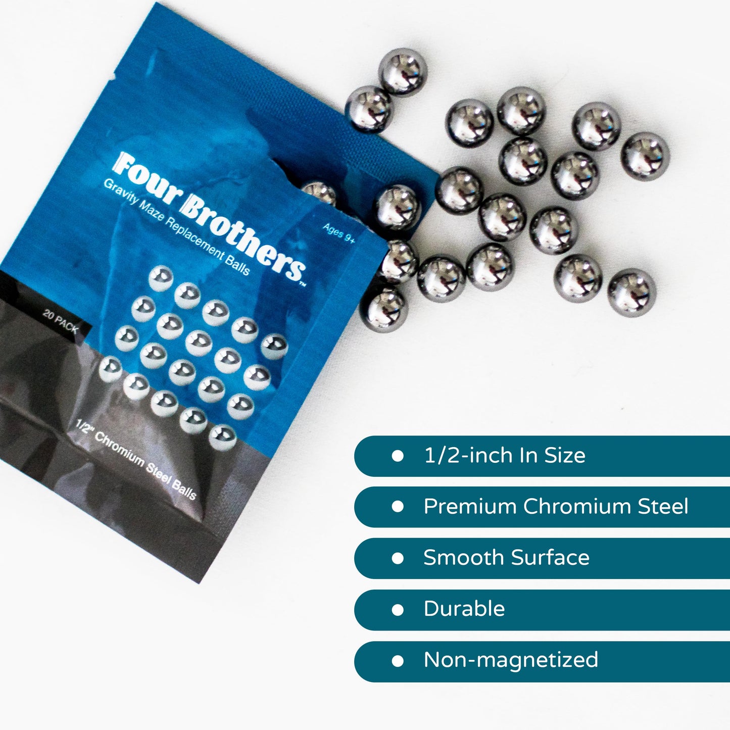 Four Brothers 1/2" Replacement Chromium Steel Balls for GraviTrax and Gravity Maze STEM Marble Run and Games (20 Pack)