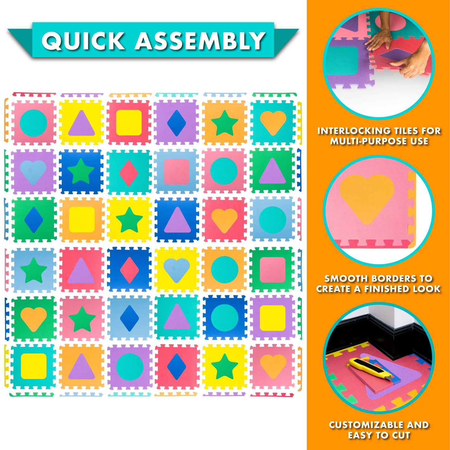 ProSource Kids Foam Puzzle Floor Play Mat with Shapes & Colors 36 Tiles, 12"x12" and 24 Borders