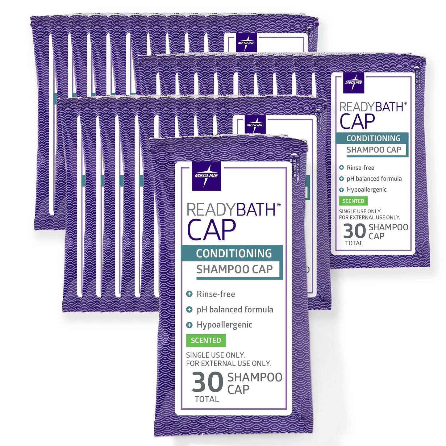 Medline ReadyBath Scented Rinse-Free Shampoo Cap with Conditioner, 30 Count