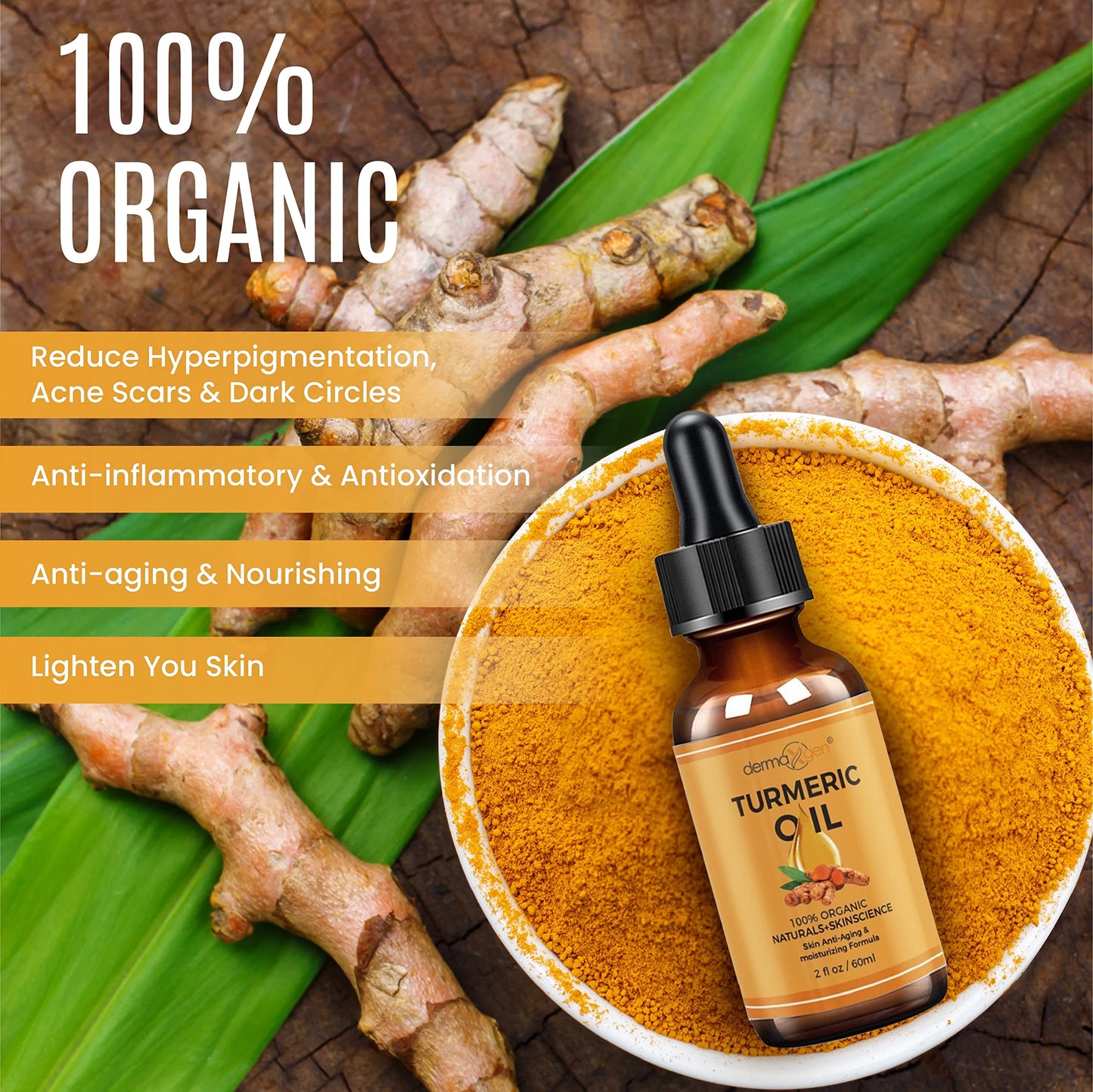 DERMAXGEN Organic Turmeric Oil for Skin Lightening - Turmeric Face Oil for Dark Spots, Anti-Aging & Hydrating Dry Skin - Glow Moisturizer for Face