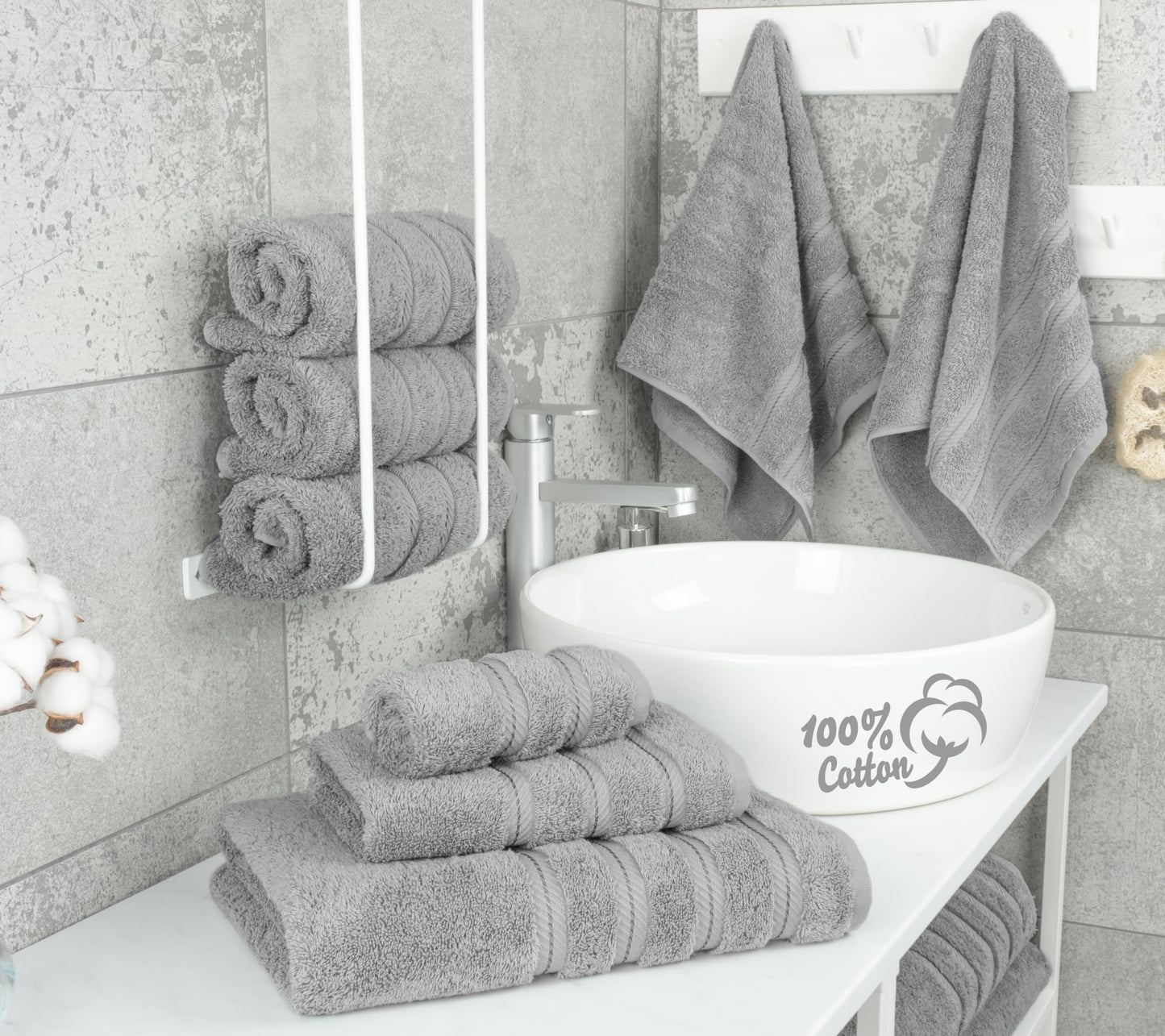 American Soft Linen Luxury 6 Piece Towel Set, 2 Bath Towels 2 Hand Towel 2 Washcloths, 600 GSM 100% Cotton Turkish Towels for Bathroom, Light Grey…