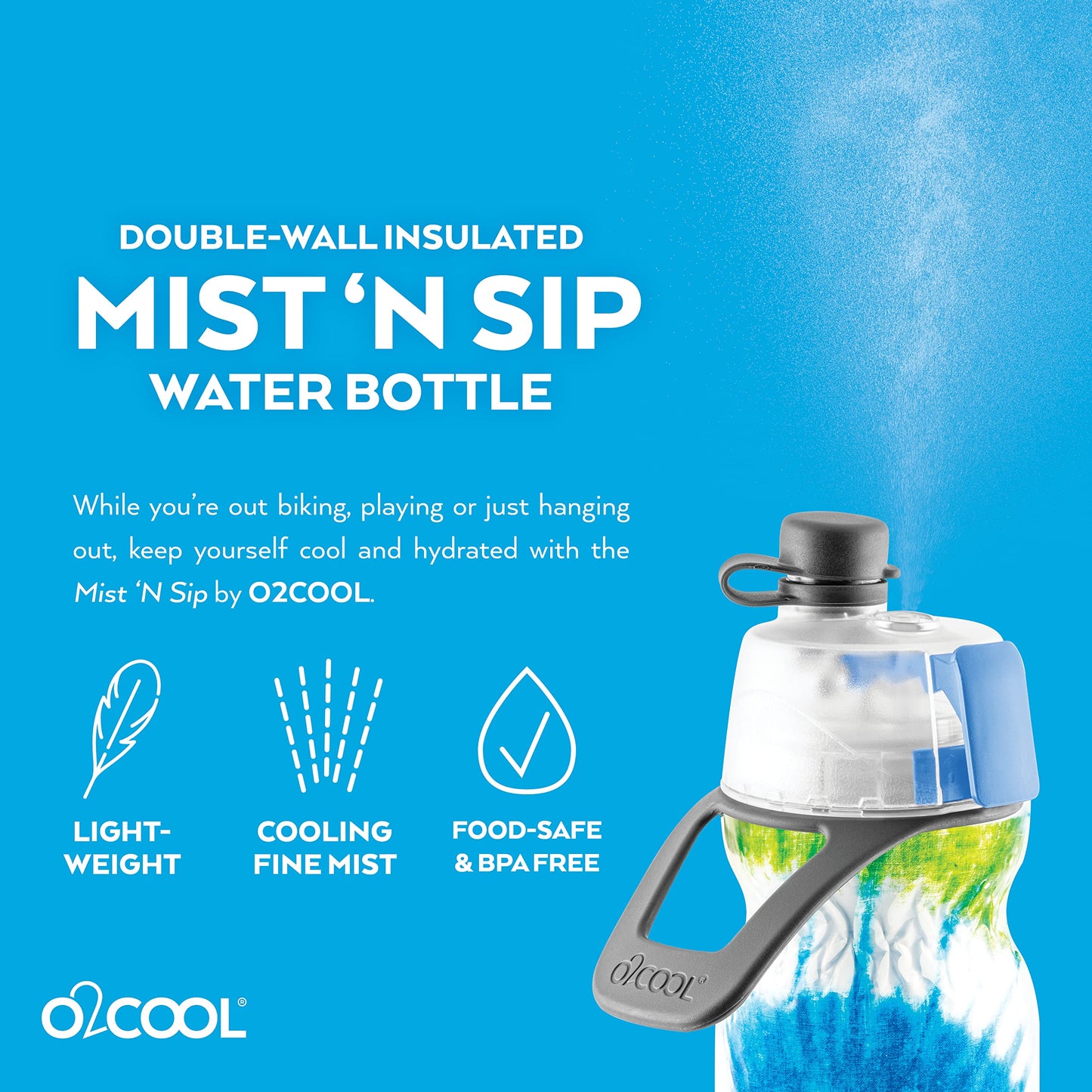 O2COOL Mist 'N Sip Misting Water Bottle 2-in-1 Mist And Sip Function With No Leak Pull Top Spout Reusable Sports Water Bottle - 20 oz (Tie Dye Blue)
