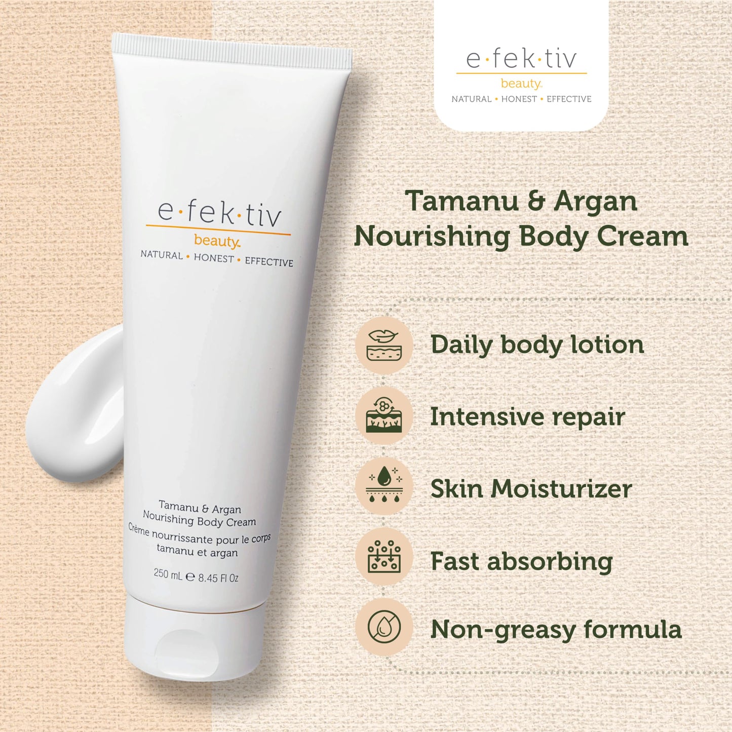 e.fek.tiv beauty Tamanu and Argan Nourishing Body Cream - Deep Hydrating Moisturizer - Rejuvenates Dry and Dehydrated Skin - Vegan - Sulfate-free