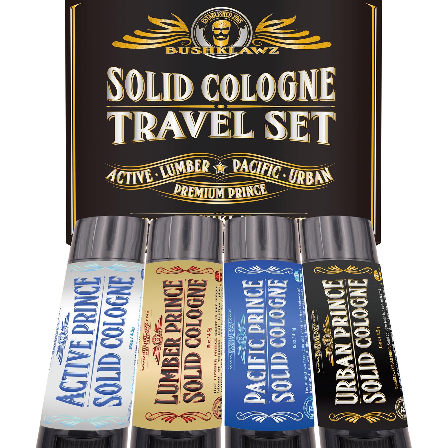 BushKlawz Solid Colognes Travel Variety Gift Set Sampler. Includes 1 chapstick size stick of each of our 4 famous scents. Best Gift Present for men