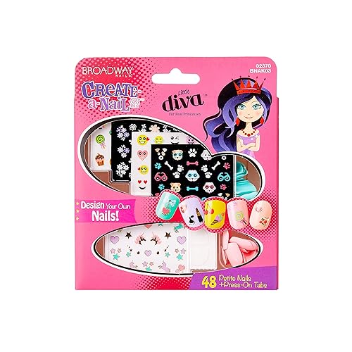 KISS Broadway Little Diva Nail Art Kit, Safe On Natural Nails, Mom Approved, Over 250 Nail Stickers, 48 Ready-To-Wear Petite Fake Nails & 48 Press-On