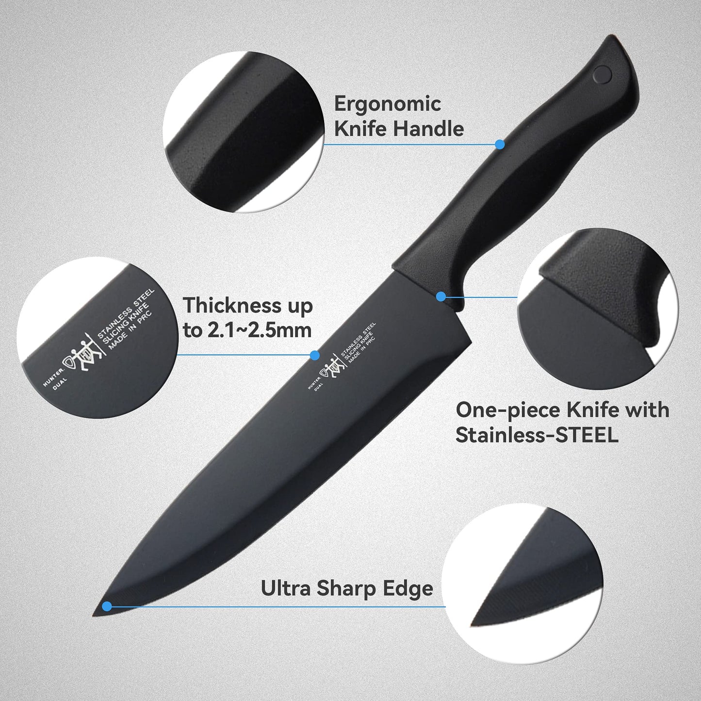 HUNTER.DUAL 15-Piece Kitchen Knife Set with Self-Sharpening Block – Dishwasher Safe, Anti-Slip Handles, Black