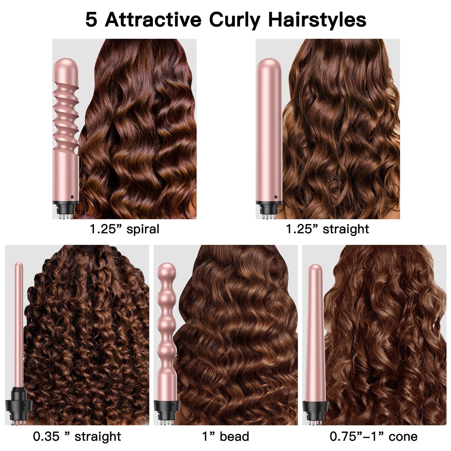 USHOW Curling Iron, Curling Wand Set, Instant Heat Up Hair Curler with Interchangeable Tourmaline Ceramic Barrels (0.5" to 1.25"), Adjustable