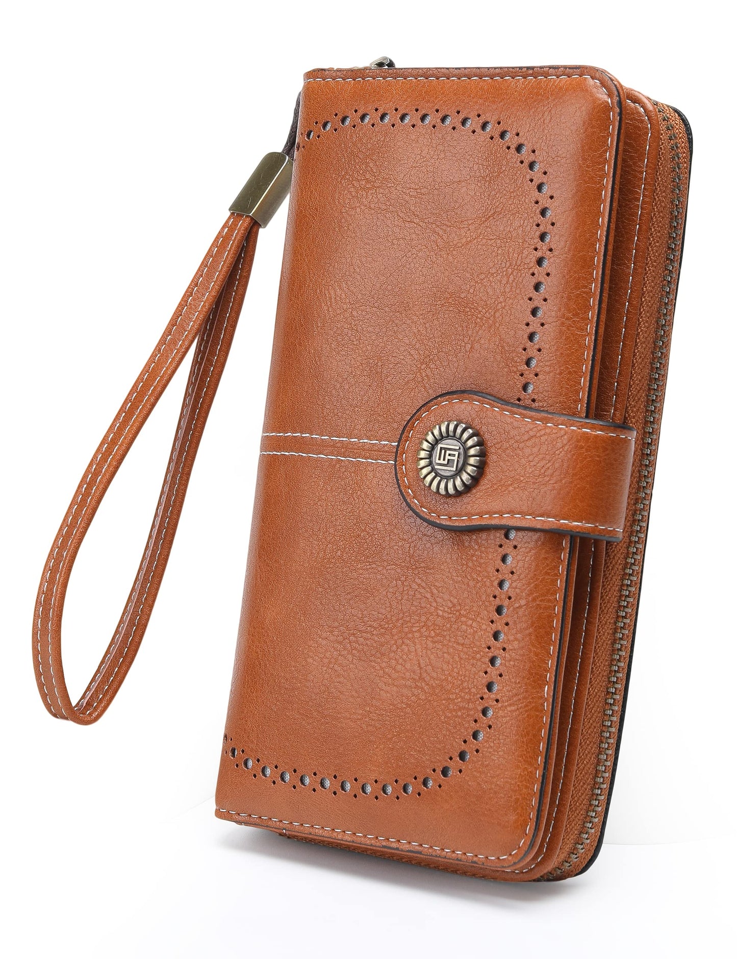 JJUQ Womens Wallet Leather Large Capacity Card Holder Zipper Wristlet Wallets for Women-brown