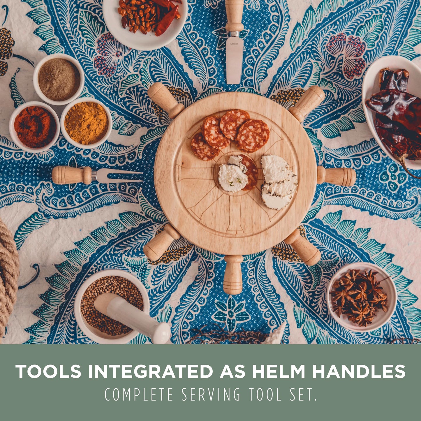 PICNIC TIME Mariner Cheese Board and Knife Set, Novelty Charcuterie Board Set with Stainless Steel Tools Housed in Helm Case Under the Lid…