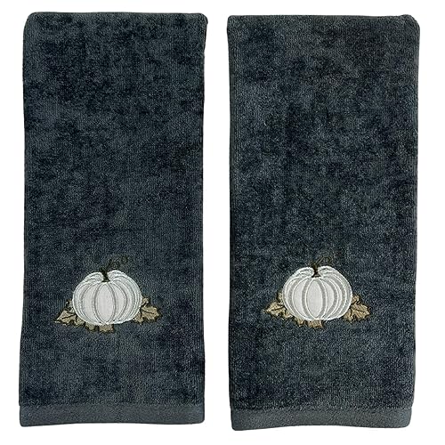 Serafina Home Autumn Fall Bath Hand Towels Bathroom Decor Farmhouse Harvest: Plush Soft Gray Grey 100% Cotton Terry Velour Appliqué and Embroidered…