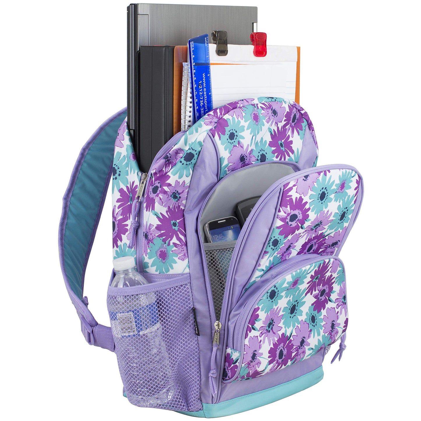 Eastsport Laptop Backpack, Multipurpose Casual Daypack, Triple Compartments Bookbag for College, Hiking, Work, 18 Inches, Purple Flowers