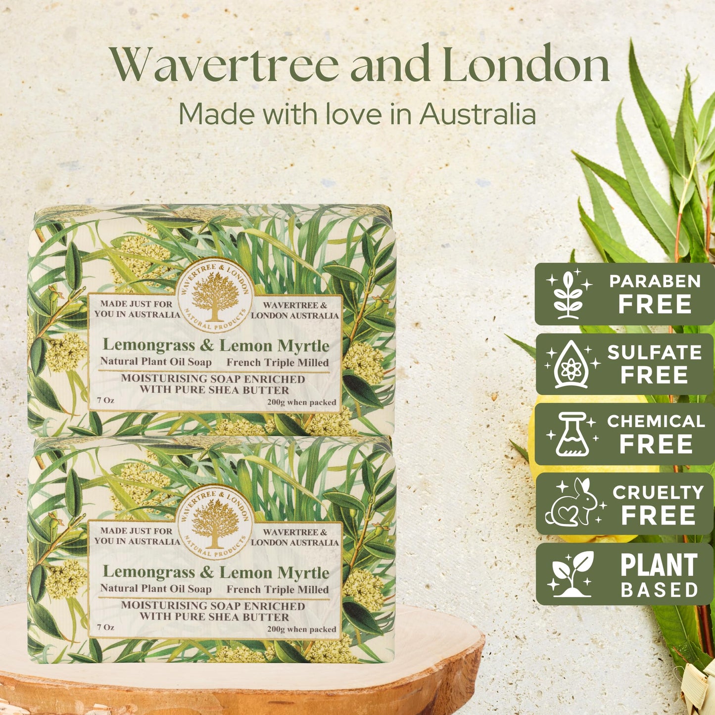 Wavertree & London Lemongrass & Lemon Myrtle Scented Natural Soap (2 Bars), 7oz Moisturizing French Triple Milled Soap Bars enriched with shea butter