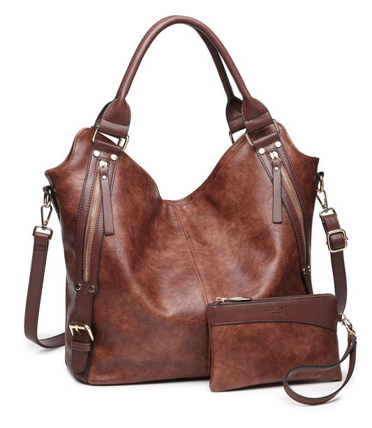 Women Tote Bag Handbags PU Leather Fashion Hobo Shoulder Bags with Adjustable Shoulder Strap, L, Brown