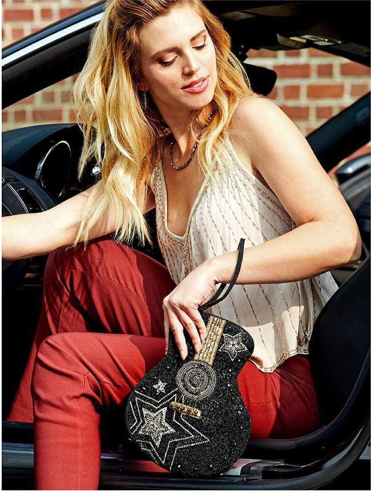Mary Frances Superstar Beaded Handbag Guitar Glam Crossbody Bag, Black