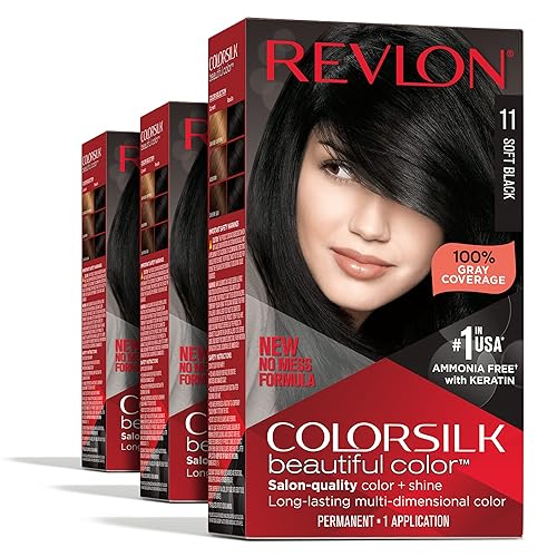 Revlon Permanent Hair Color, Permanent Hair Dye, Colorsilk with 100% Gray Coverage, Ammonia-Free, Keratin and Amino Acids, 11 Soft Black, 4.4 Oz (Pack