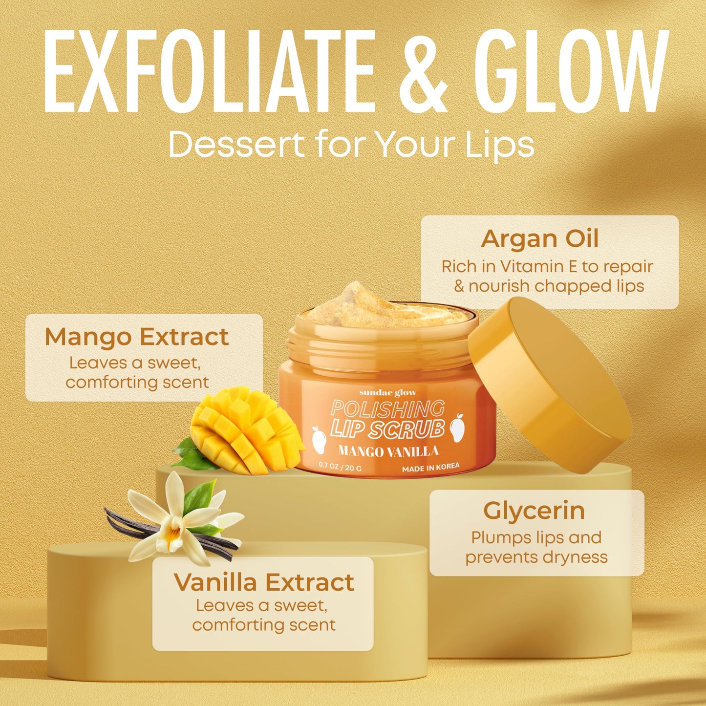 Sundae Glow Lip Scrub with Mango Vanilla - Exfoliates, Hydrates & Repairs - Smooths, Softens & Revitalizes Dry Lips - Dermatologist Tested, Korean